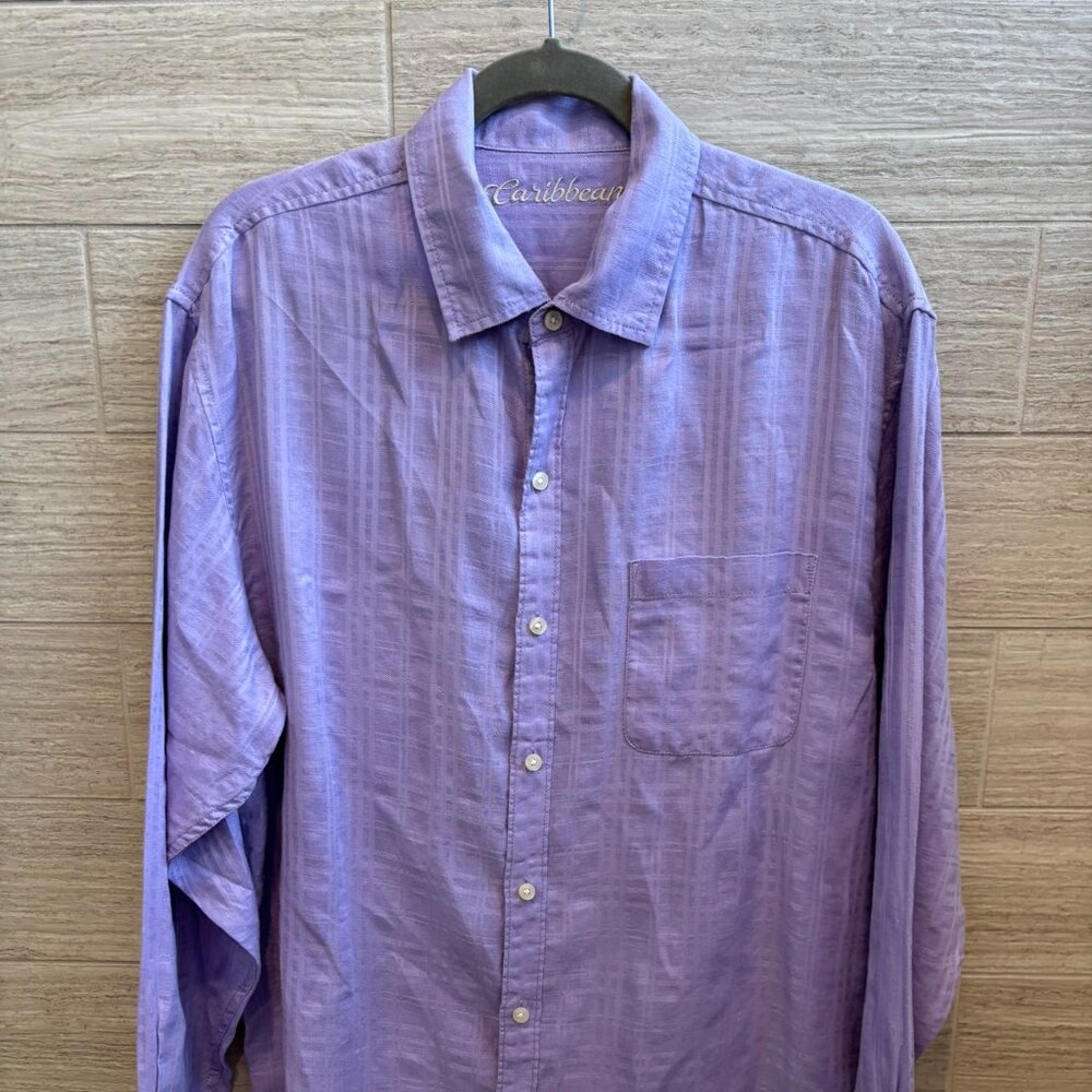 🌺Caribbean Long Sleeve Purple Tropical Men's Shirt Size L Resortwear
